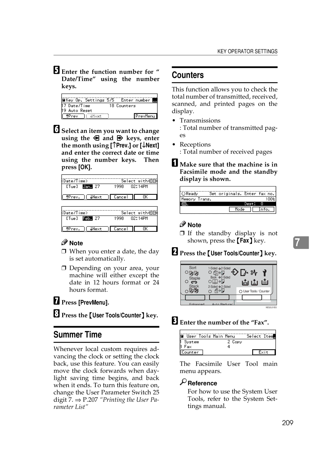 Ricoh 340 manual Summer Time, Counters, 209 