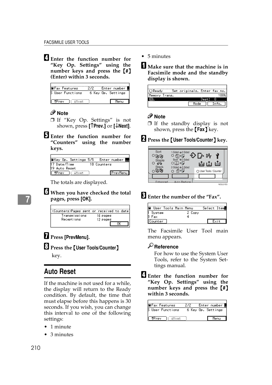 Ricoh 340 Auto Reset, 210, When you have checked the total, Pages, press OK, Press PrevMenu Press the User Tools/Counter 