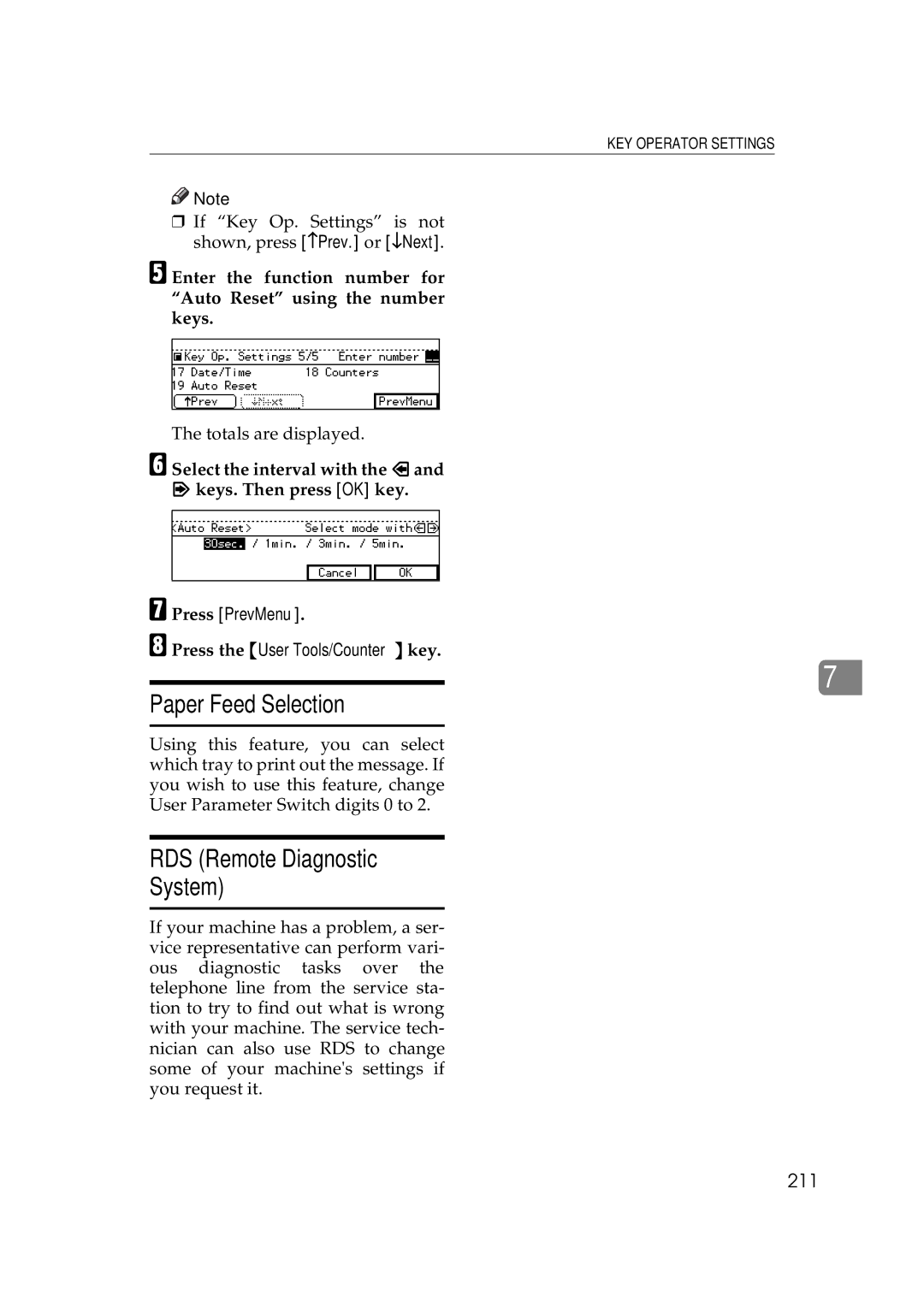 Ricoh 340 manual Paper Feed Selection, RDS Remote Diagnostic System, 211, Select the interval with Keys. Then press OK key 