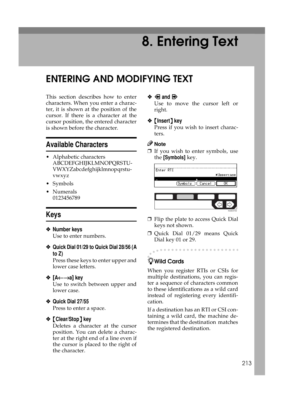 Ricoh 340 manual Entering and Modifying Text, Available Characters, Keys 