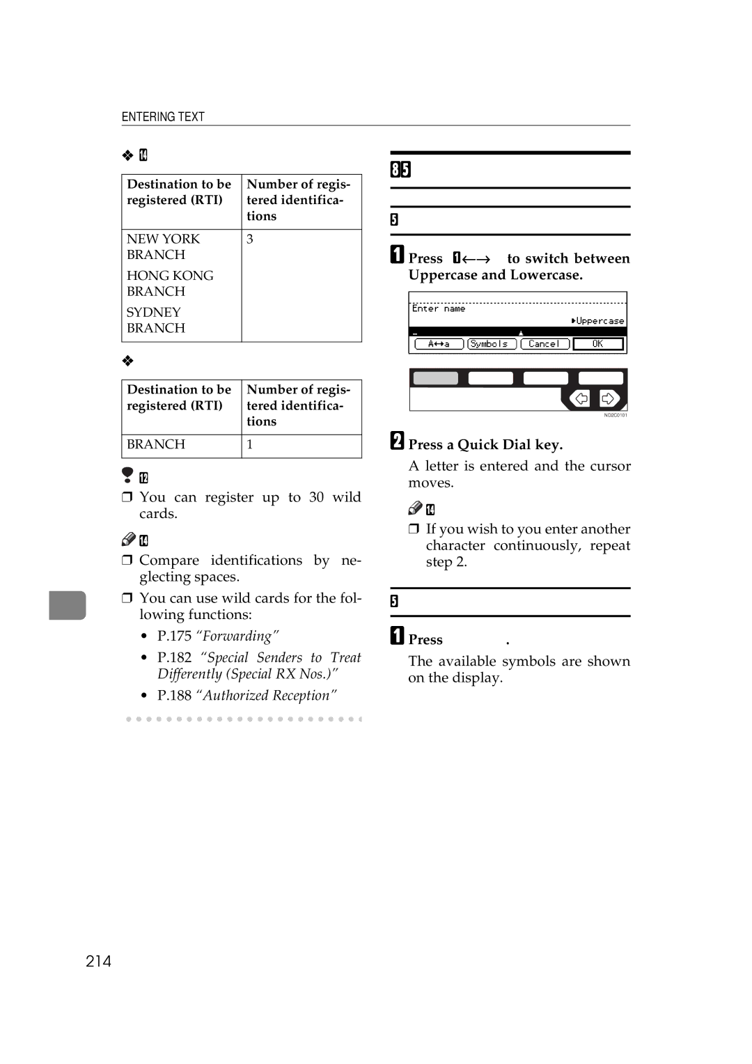 Ricoh 340 manual How To Enter Text, Not using a wild card, Using a wild card, Entering letters, Entering symbols 