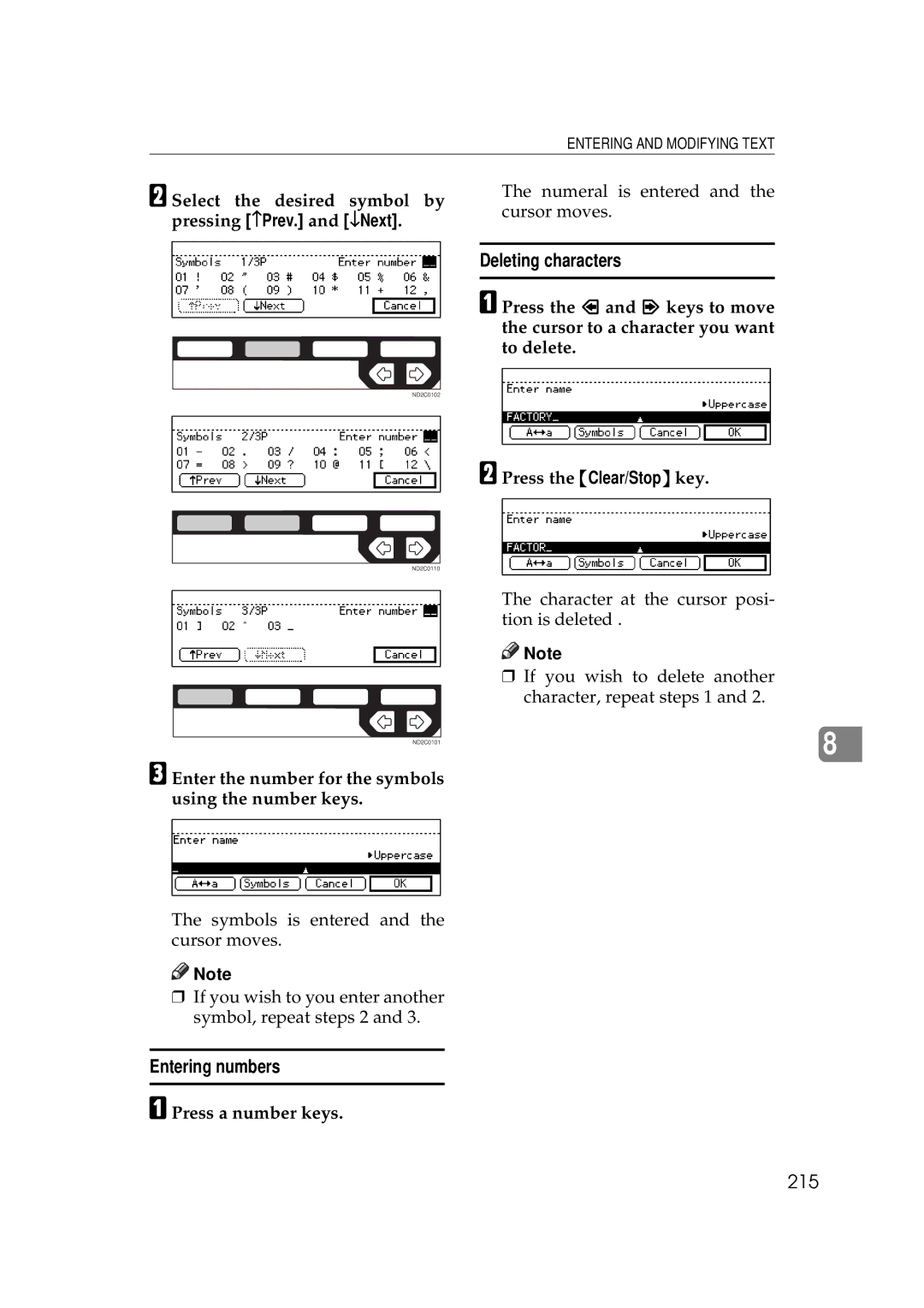 Ricoh 340 manual Entering numbers, Deleting characters, 215 