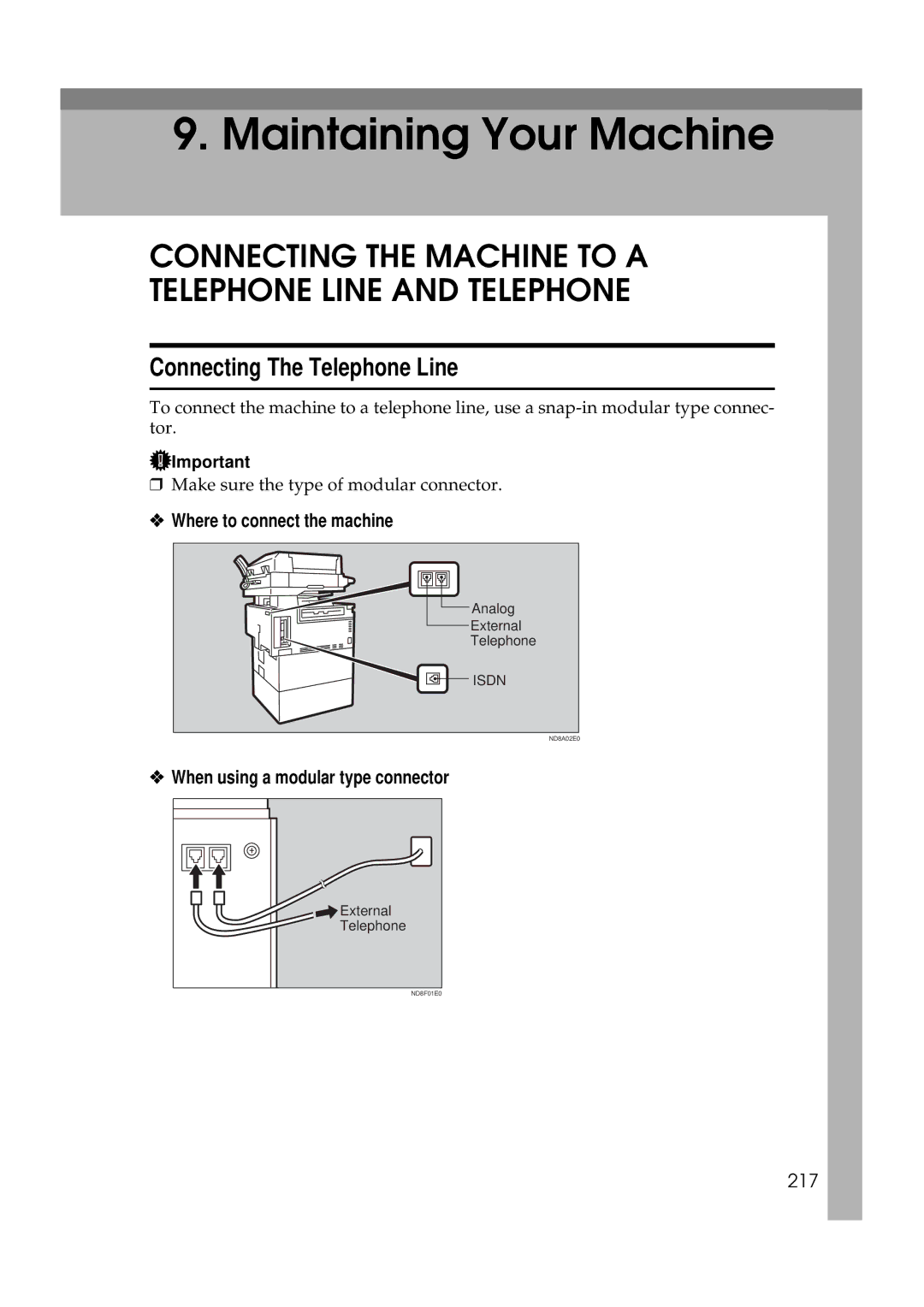 Ricoh 340 manual Connecting The Telephone Line, Where to connect the machine, When using a modular type connector, 217 