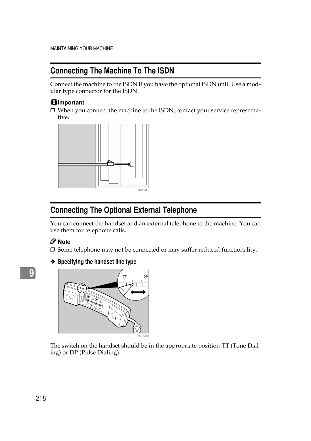 Ricoh 340 manual Connecting The Machine To The Isdn, Connecting The Optional External Telephone, 218 