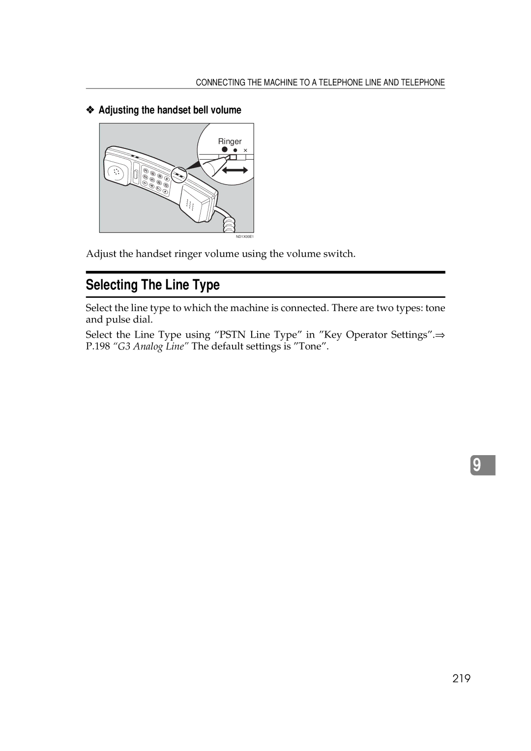 Ricoh 340 manual Selecting The Line Type, Adjusting the handset bell volume, 219 