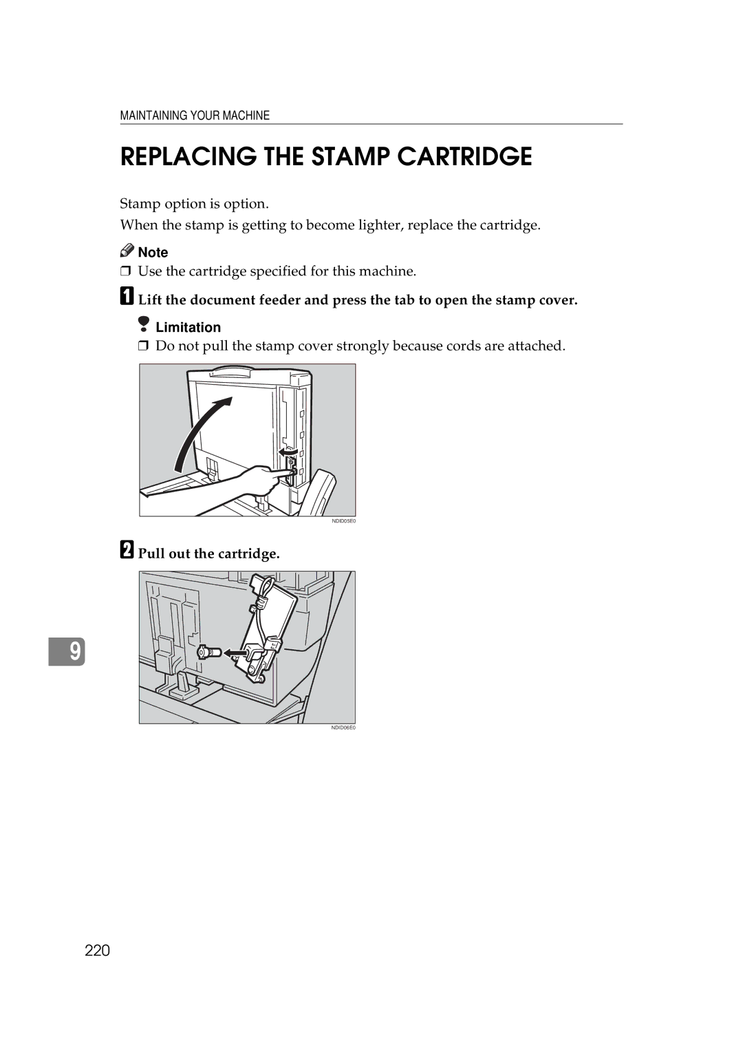 Ricoh 340 manual Replacing the Stamp Cartridge, 220, Pull out the cartridge 