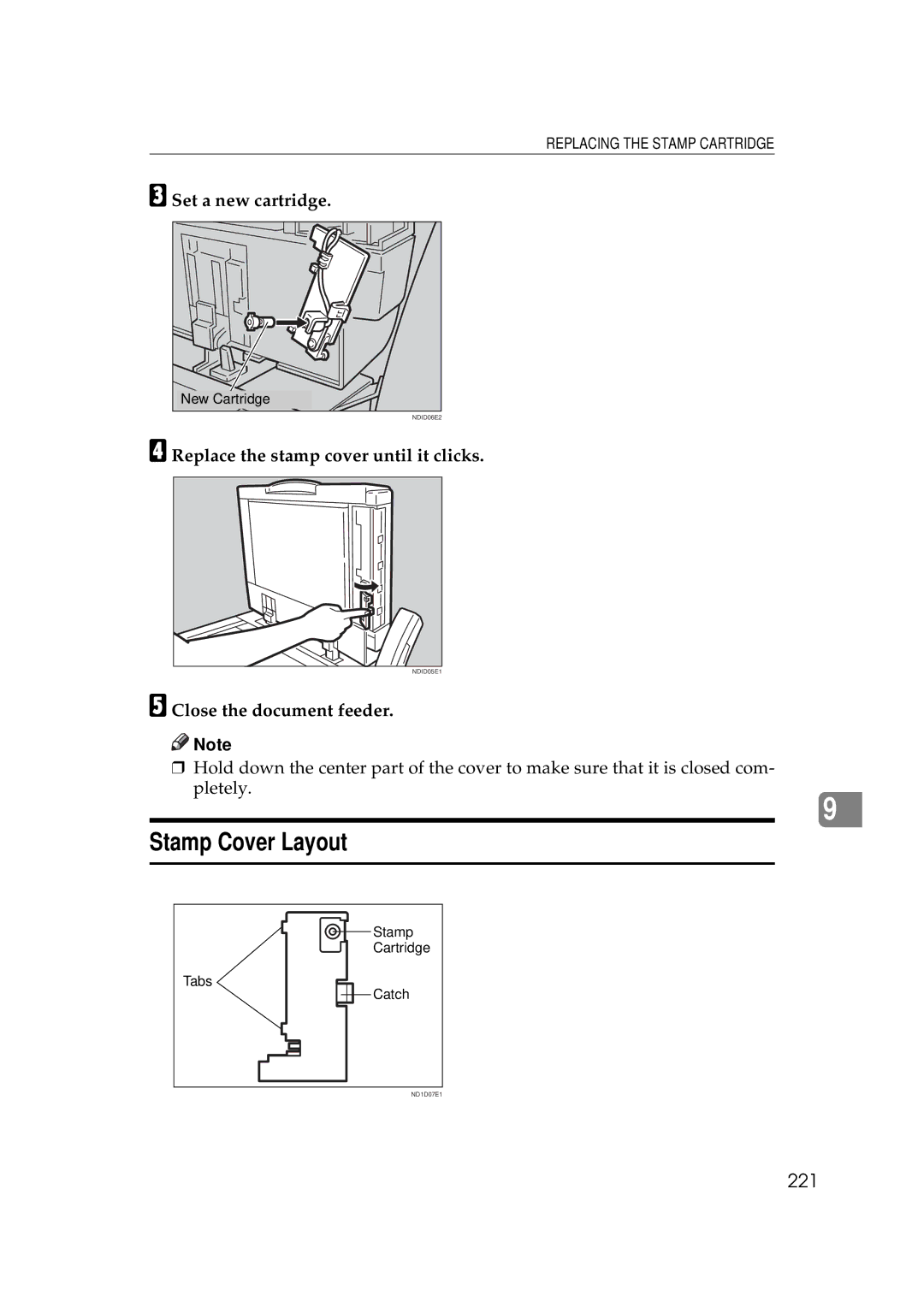 Ricoh 340 Stamp Cover Layout, 221, Set a new cartridge, Replace the stamp cover until it clicks, Close the document feeder 