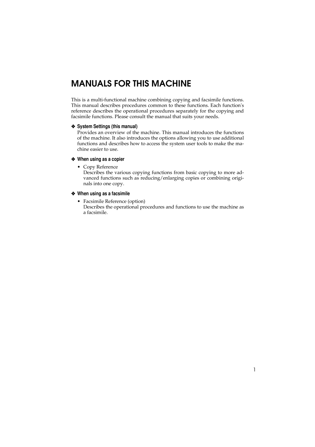 Ricoh 340 Manuals for this Machine, System Settings this manual, When using as a copier, When using as a facsimile 