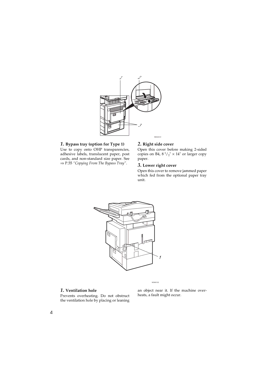 Ricoh 340 manual Bypass tray option for Type, Ventilation hole, Right side cover, Lower right cover 