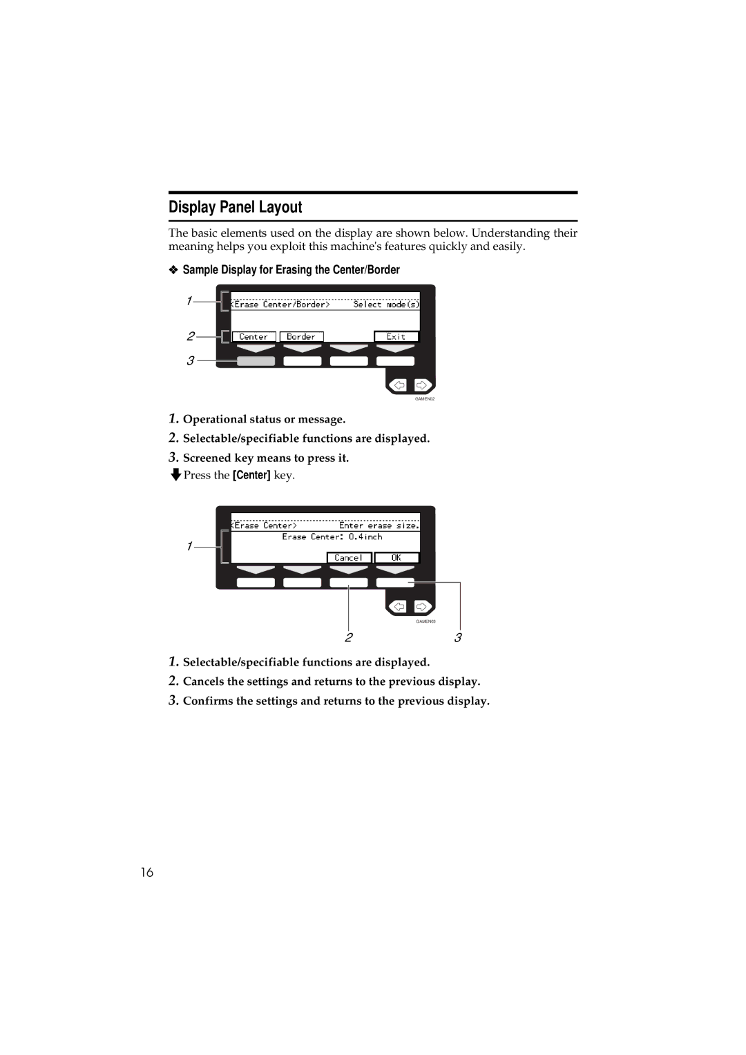 Ricoh 340 manual Display Panel Layout, Sample Display for Erasing the Center/Border 