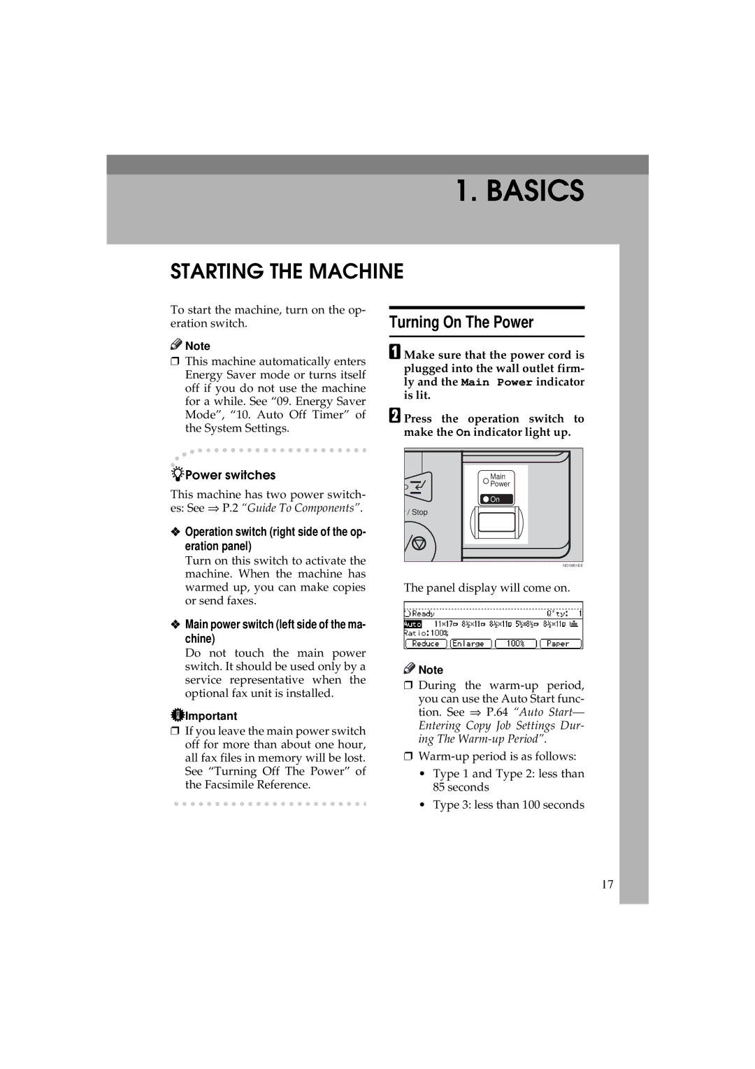 Ricoh 340 manual Starting the Machine, Turning On The Power, Operation switch right side of the op- eration panel 