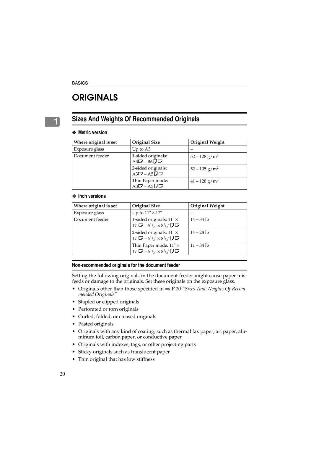 Ricoh 340 manual Sizes And Weights Of Recommended Originals, Metric version, Inch versions 