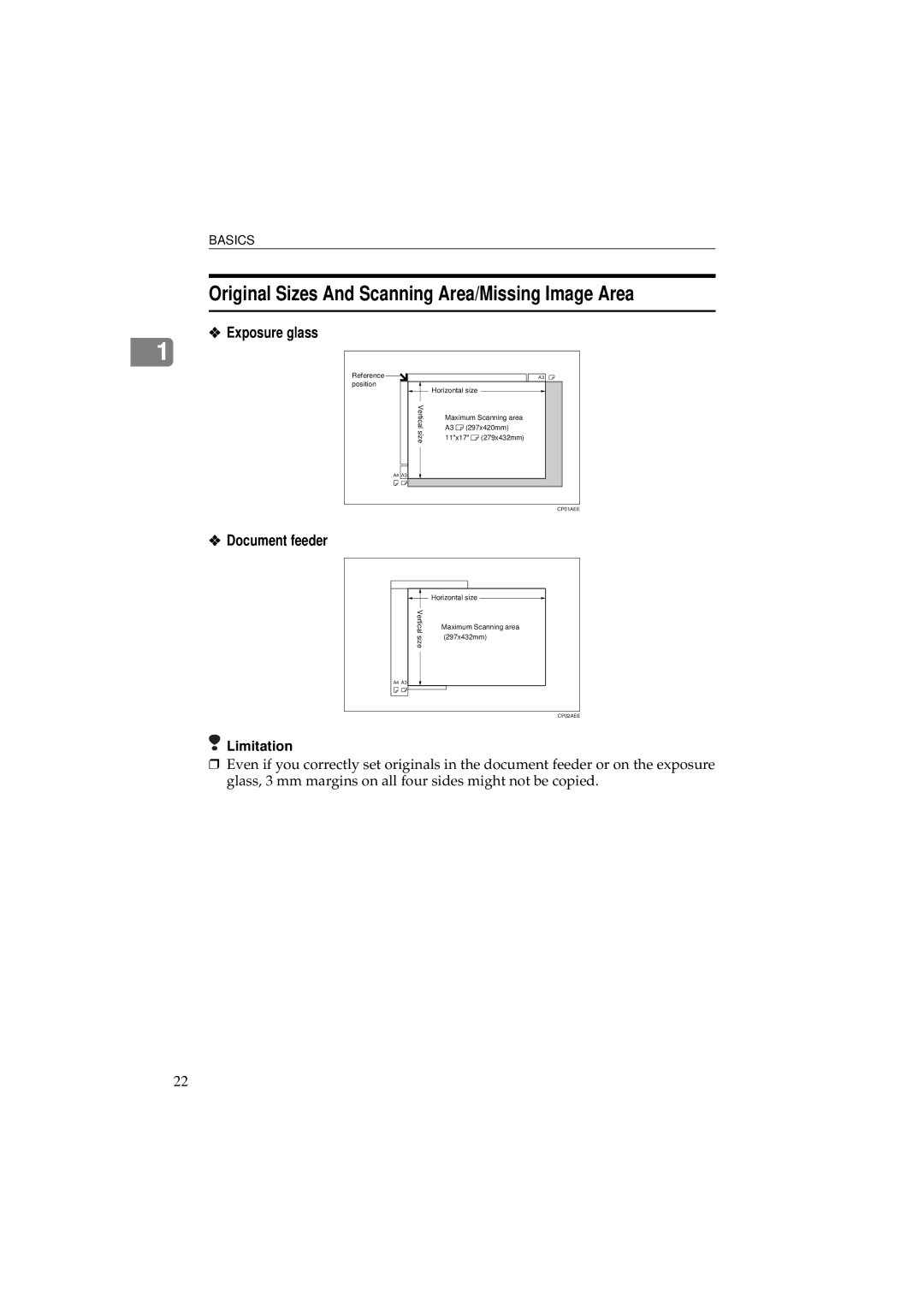 Ricoh 340 manual Original Sizes And Scanning Area/Missing Image Area, Exposure glass, Document feeder 
