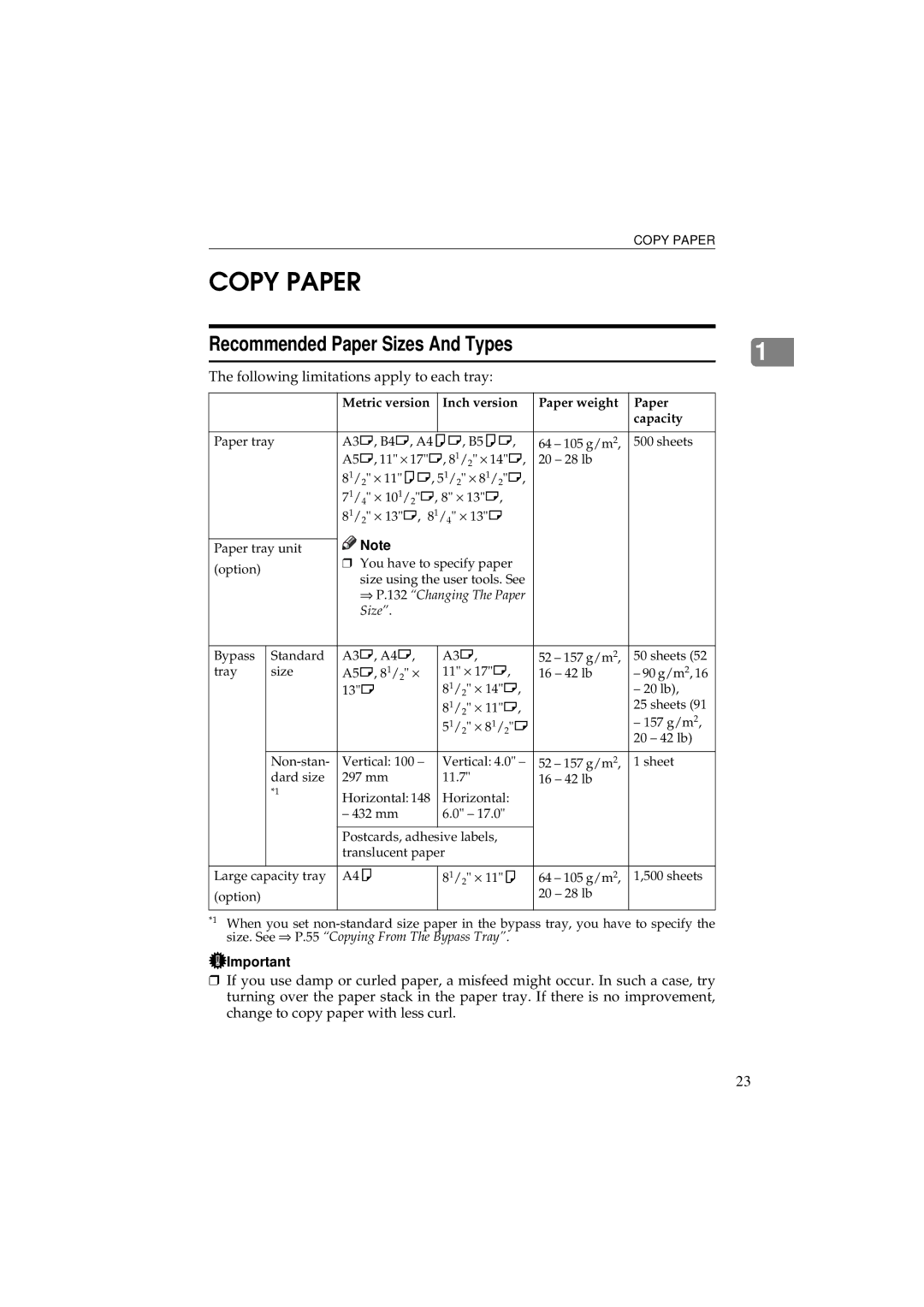 Ricoh 340 manual Copy Paper, Recommended Paper Sizes And Types 