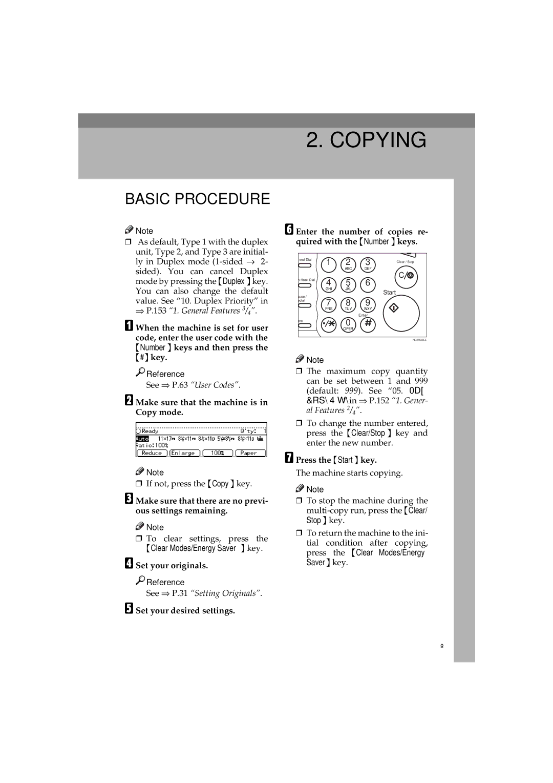 Ricoh 340 manual Basic Procedure, Make sure that the machine is Copy mode, Set your originals, Press the Start key 