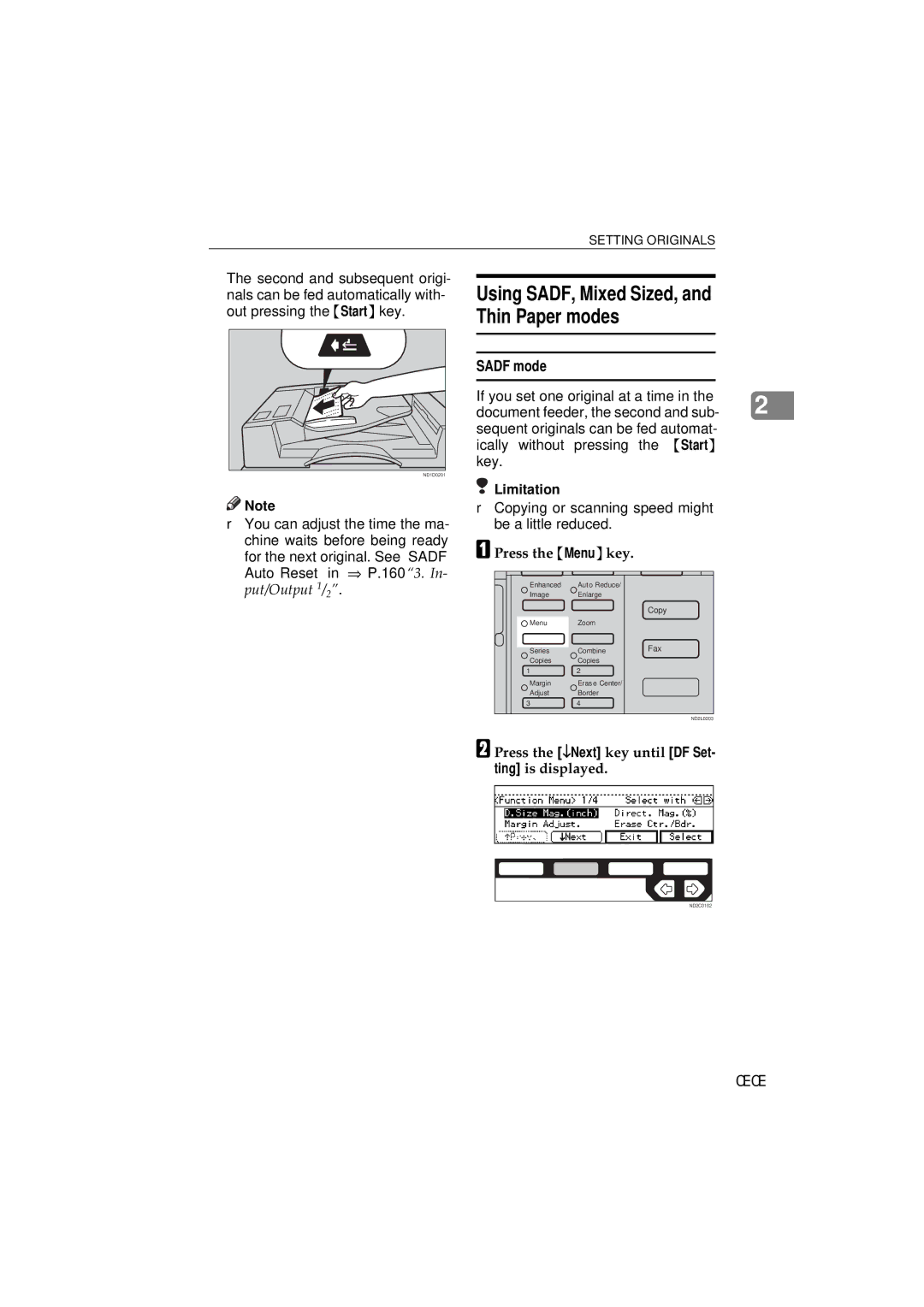 Ricoh 340 manual Using SADF, Mixed Sized, and Thin Paper modes, Sadf mode, Press the Menu key 