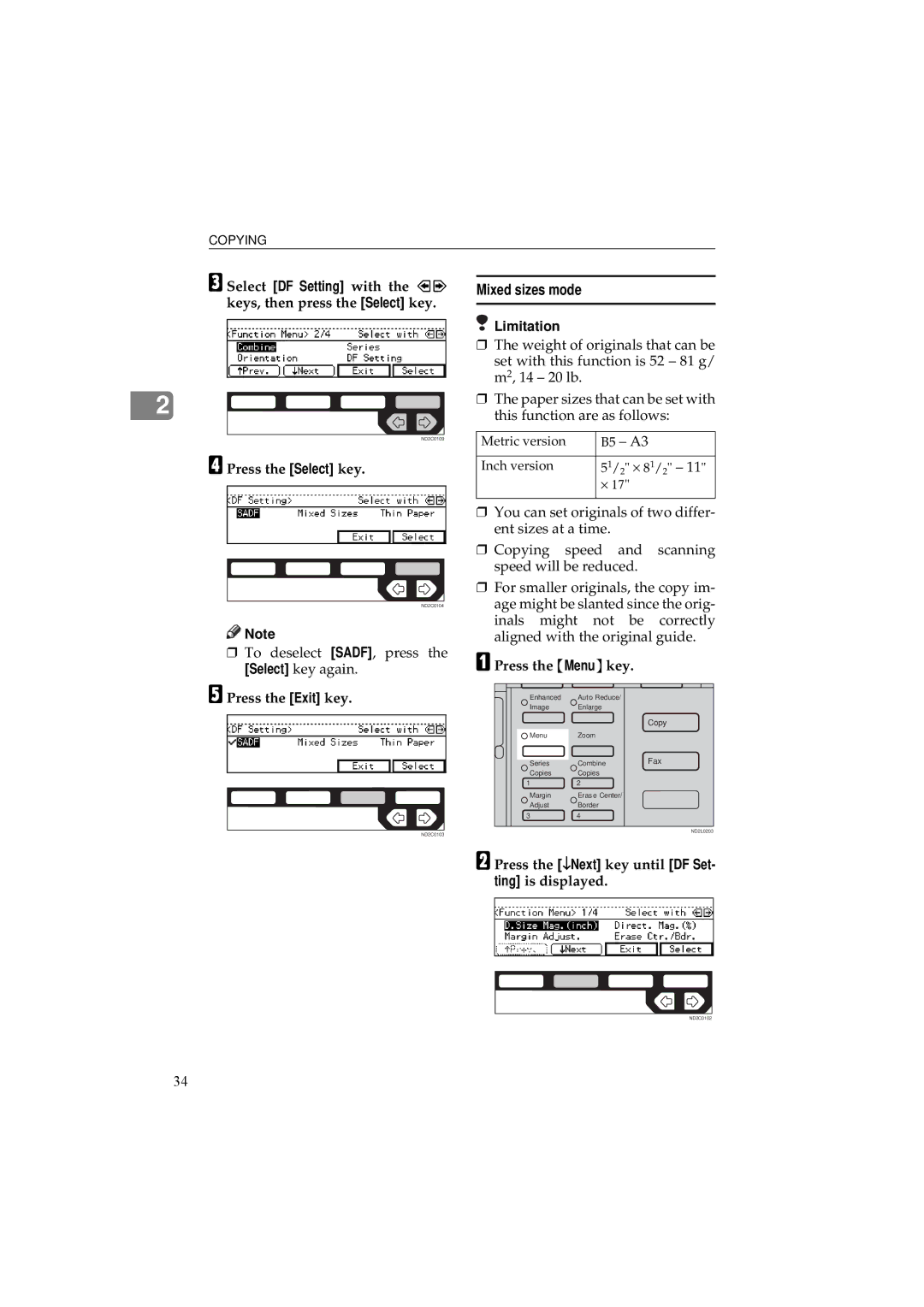 Ricoh 340 manual Mixed sizes mode, Select DF Setting with the keys, then press the Select key, Press the Select key 