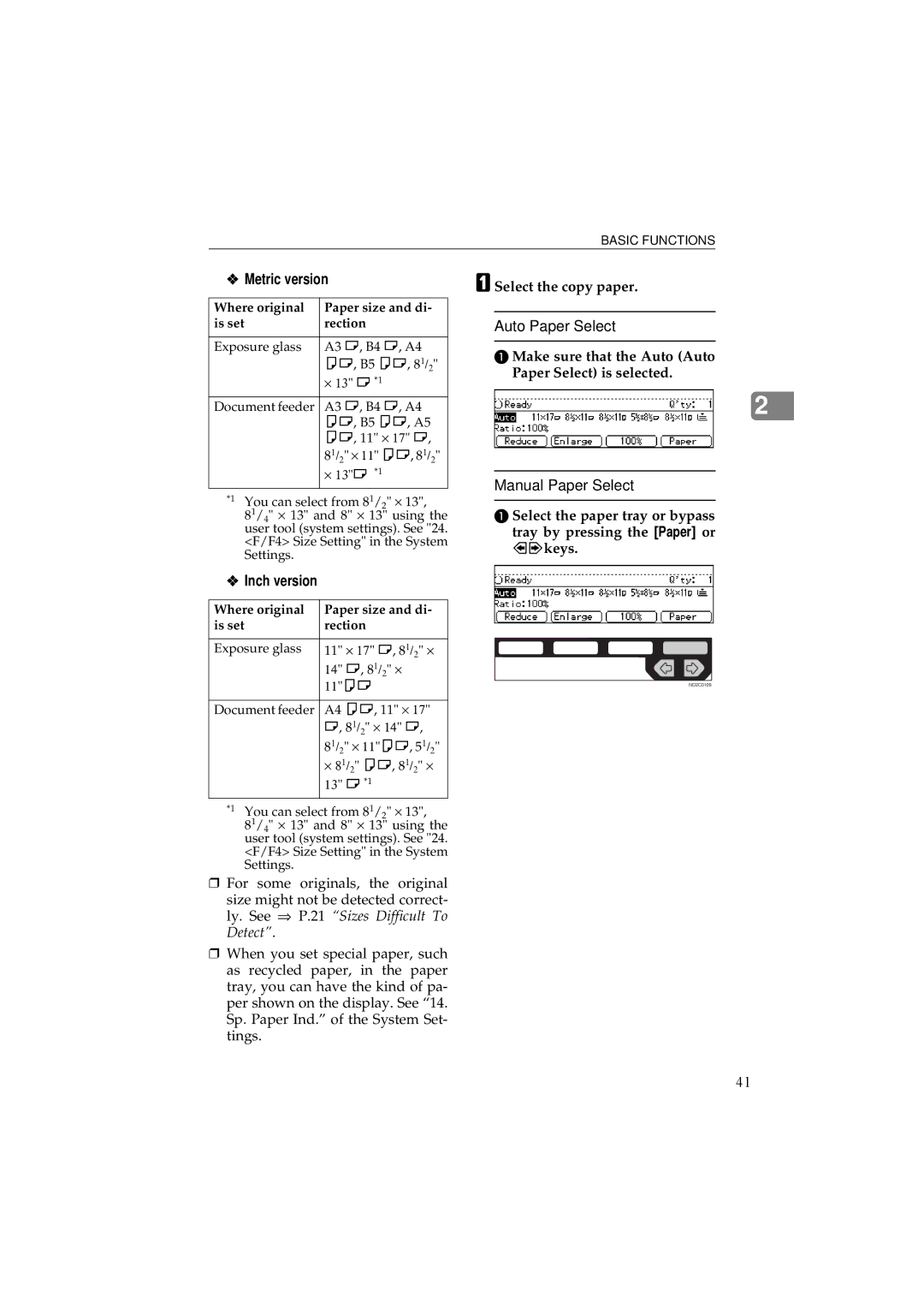 Ricoh 340 manual Select the copy paper, Make sure that the Auto Auto Paper Select is selected 