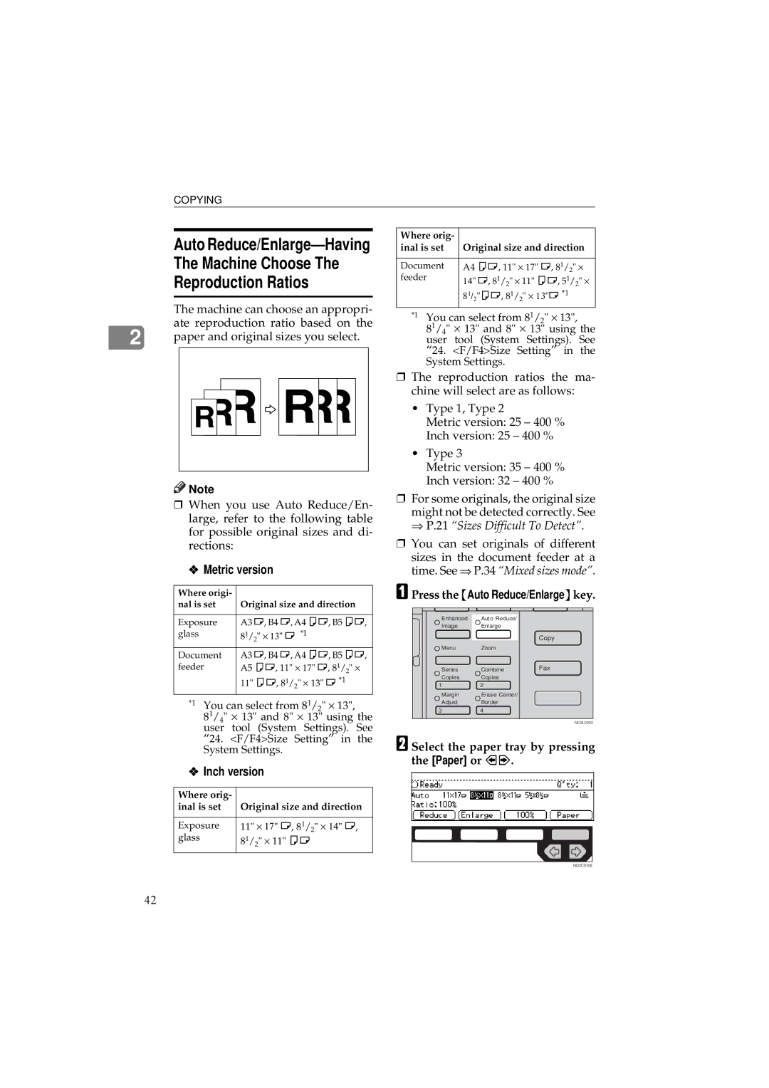 Ricoh 340 Machine Choose Reproduction Ratios, Auto Reduce/Enlarge-Having, Select the paper tray by pressing the Paper or 