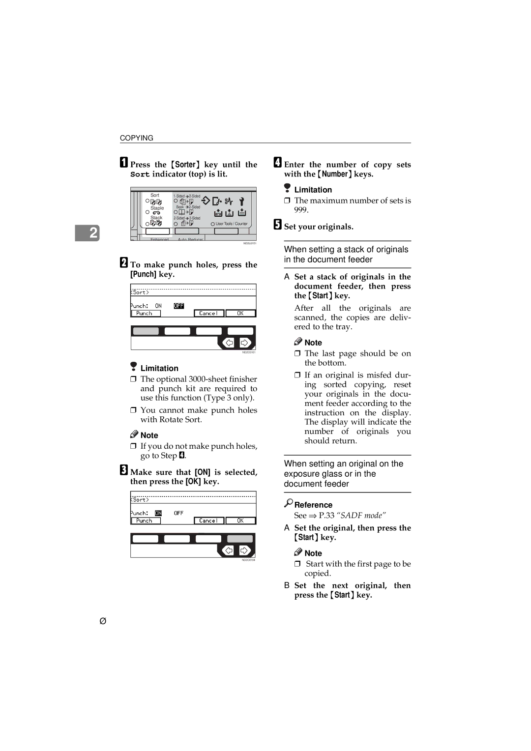 Ricoh 340 manual To make punch holes, press the Punch key, Make sure that on is selected, then press the OK key 