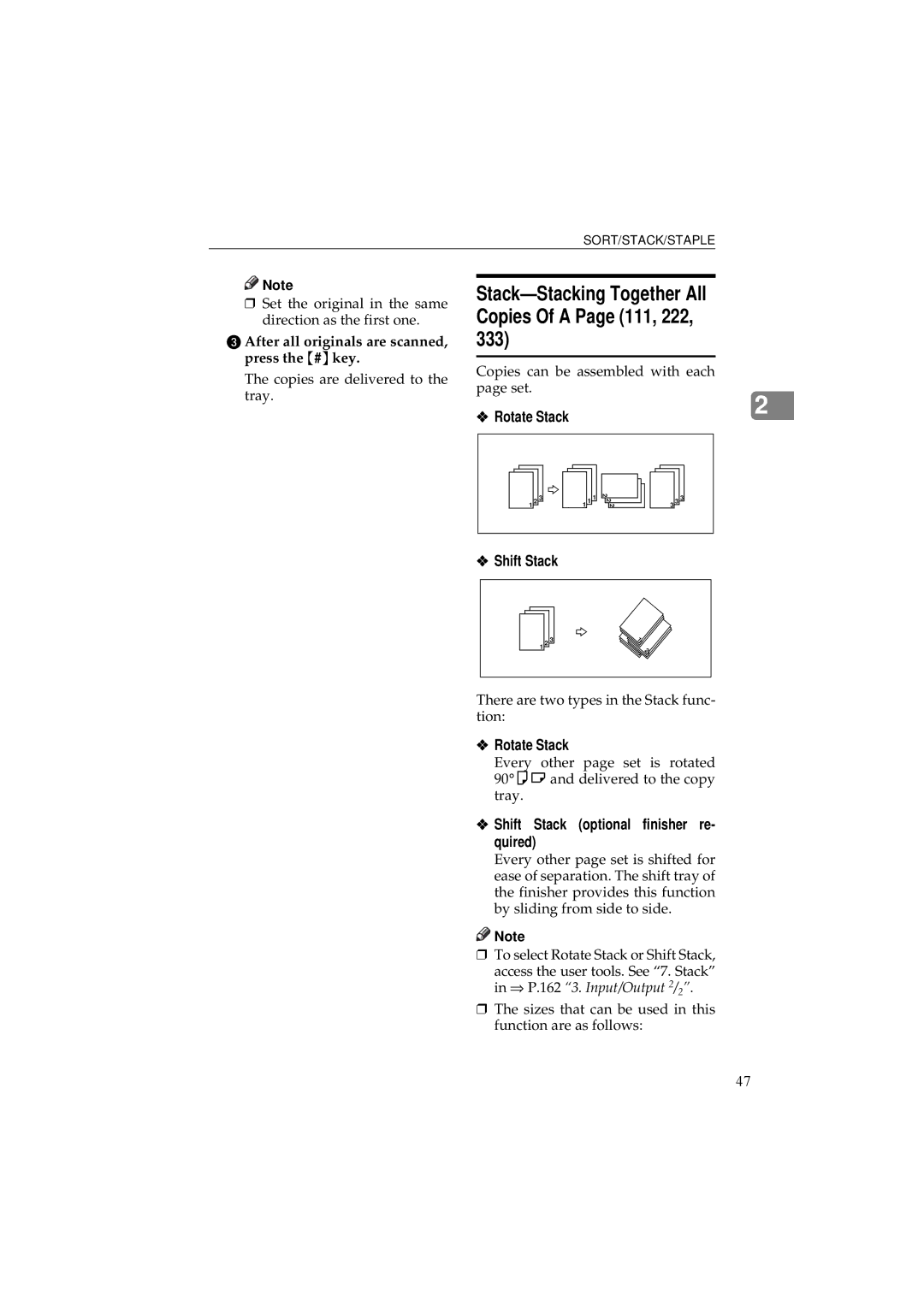 Ricoh 340 manual Stack-Stacking Together All Copies Of a Page 111, 222, Rotate Stack Shift Stack 