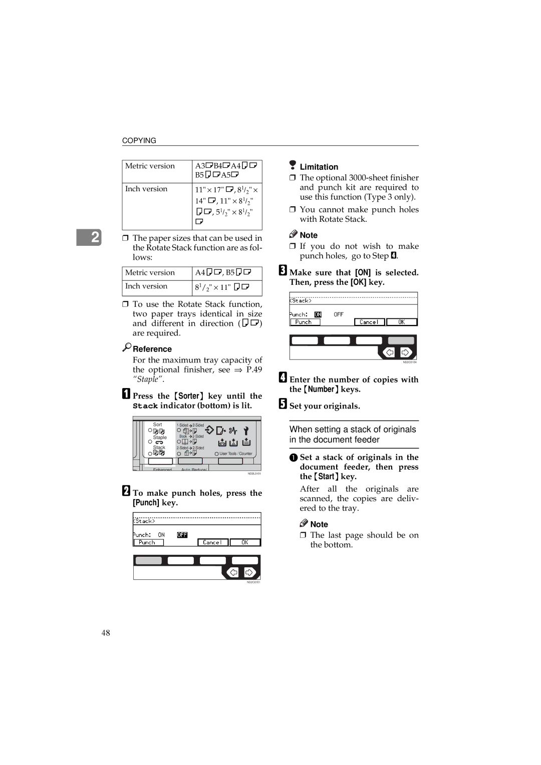 Ricoh 340 Make sure that on is selected, Then, press the OK key, Press the Sorter key until Stack indicator bottom is lit 