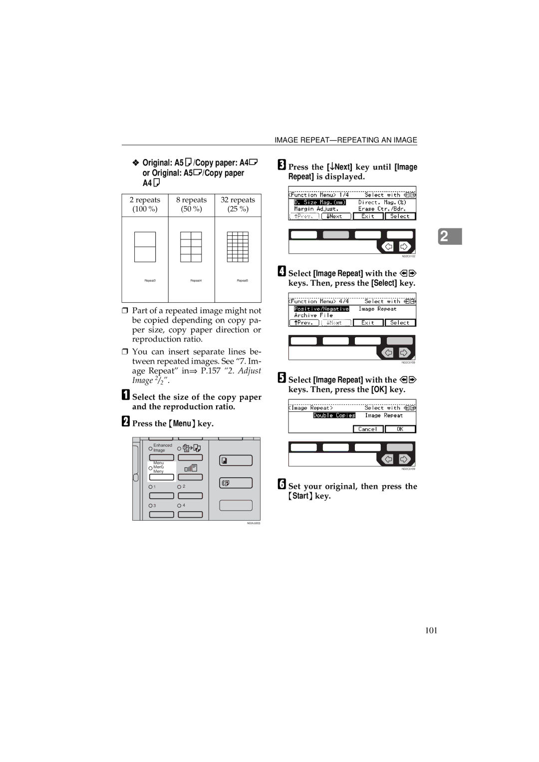 Ricoh 340 Original A5K/Copy paper A4L Or Original A5L/Copy paper A4K, 101, Set your original, then press the Start key 