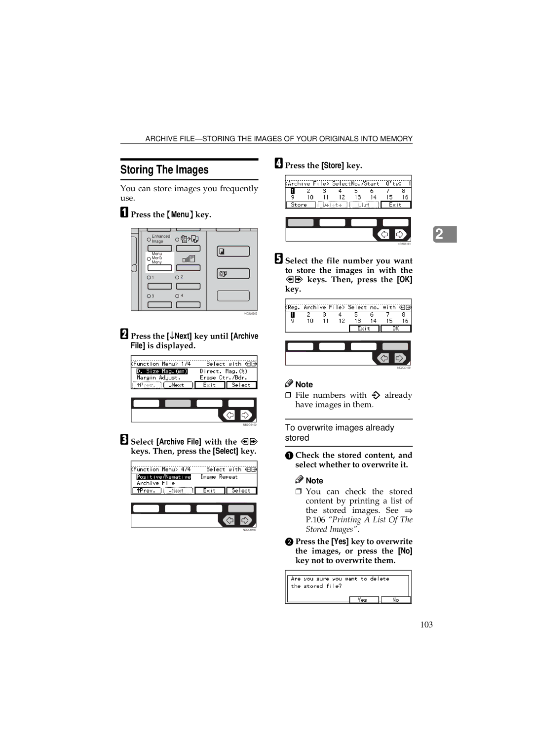 Ricoh 340 Storing The Images, To overwrite images already stored, 103, Press the ↓Next key until Archive File is displayed 