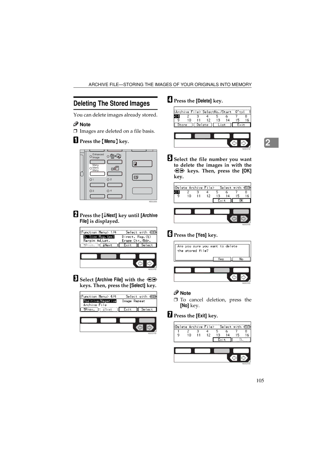 Ricoh 340 manual Deleting The Stored Images, 105, Press the Menu key Press the Delete key 