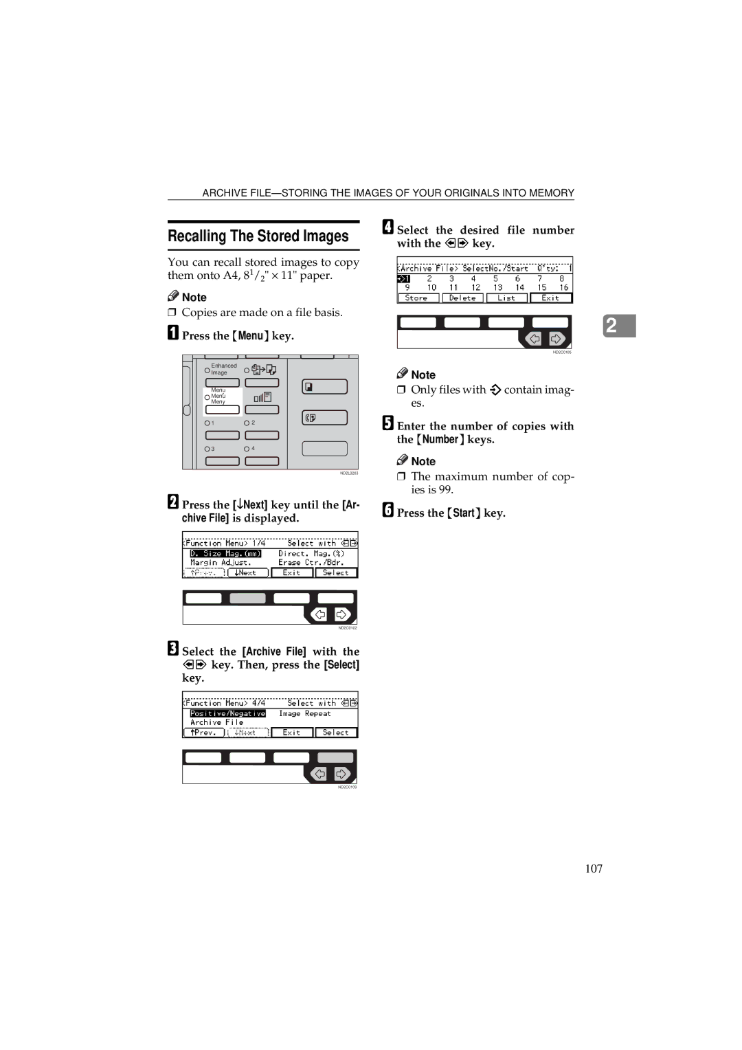 Ricoh 340 manual Recalling The Stored Images, 107, Press the ↓Next key until the Ar- chive File is displayed 