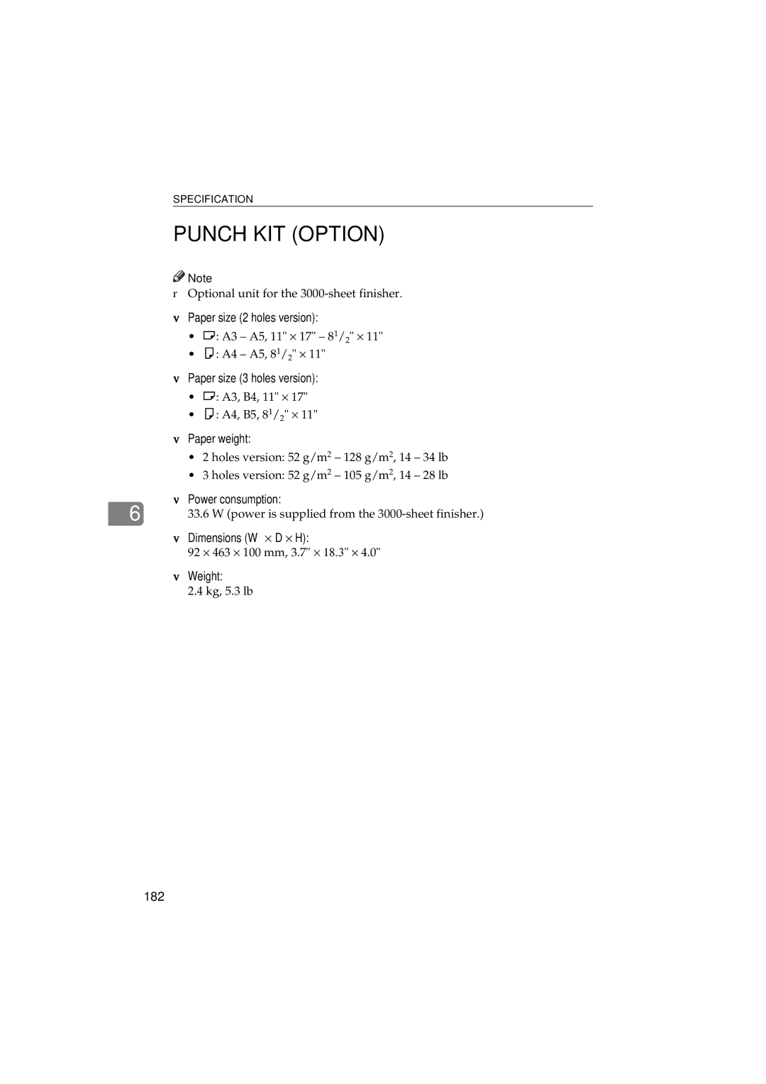 Ricoh 340 manual Punch KIT Option, Paper size 2 holes version, Paper size 3 holes version, 182 