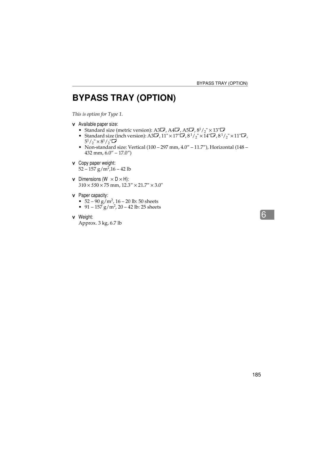 Ricoh 340 manual Bypass Tray Option, 185 