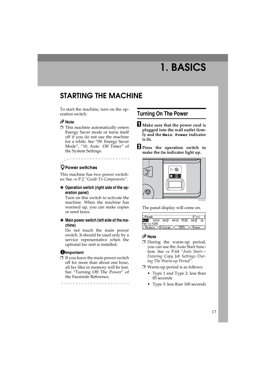 Ricoh 340 Starting the Machine, Turning On The Power, Power switches, Operation switch right side of the op- eration panel 