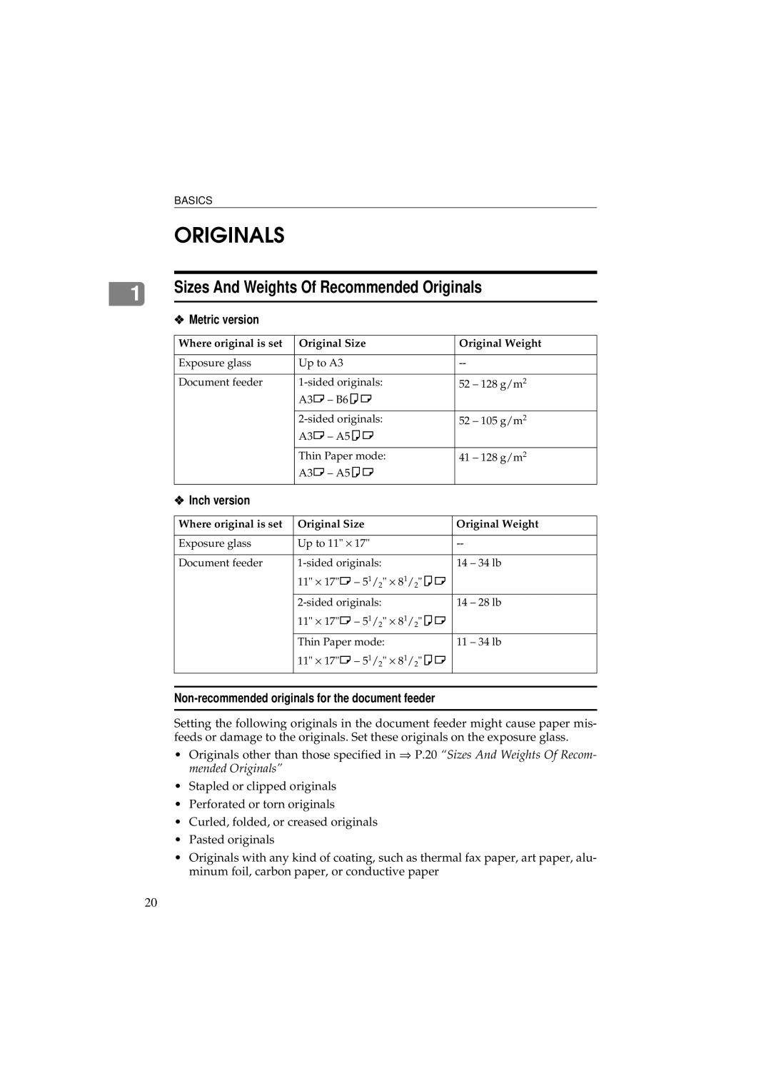 Ricoh 340 manual Sizes And Weights Of Recommended Originals, Metric version, Inch version 