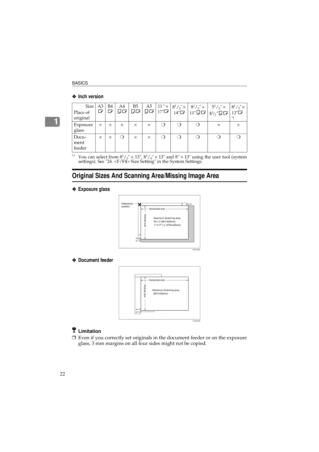 Ricoh 340 manual Original Sizes And Scanning Area/Missing Image Area, Exposure glass, Document feeder 