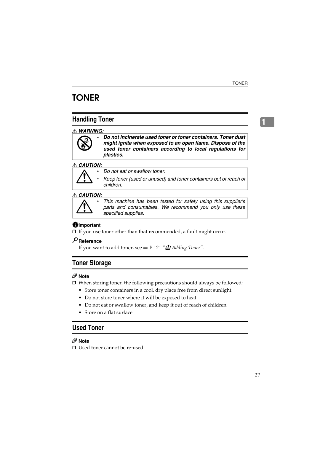 Ricoh 340 manual Toner Storage, Used Toner 