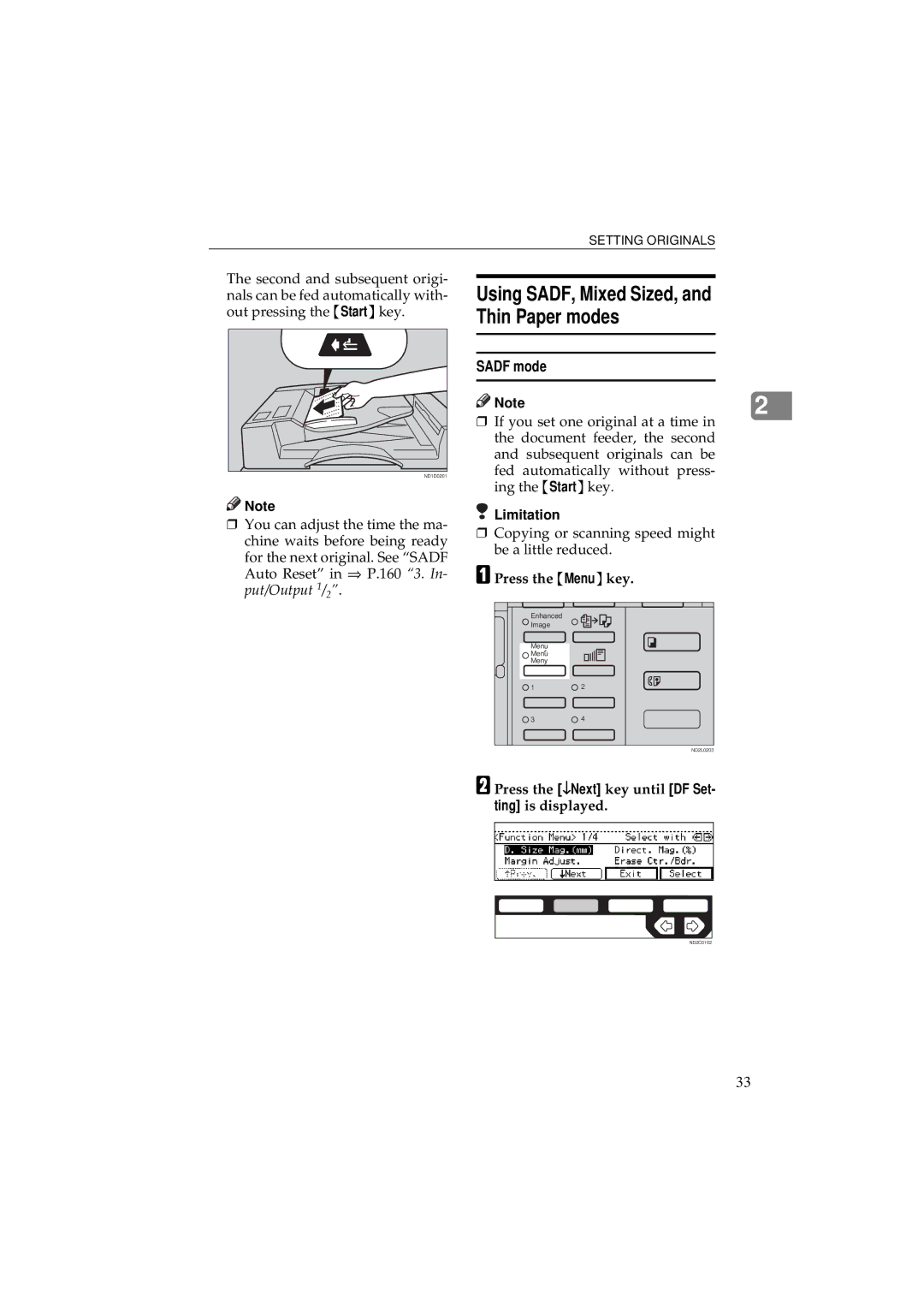 Ricoh 340 manual Using SADF, Mixed Sized, and Thin Paper modes, Sadf mode, Press the Menu key 