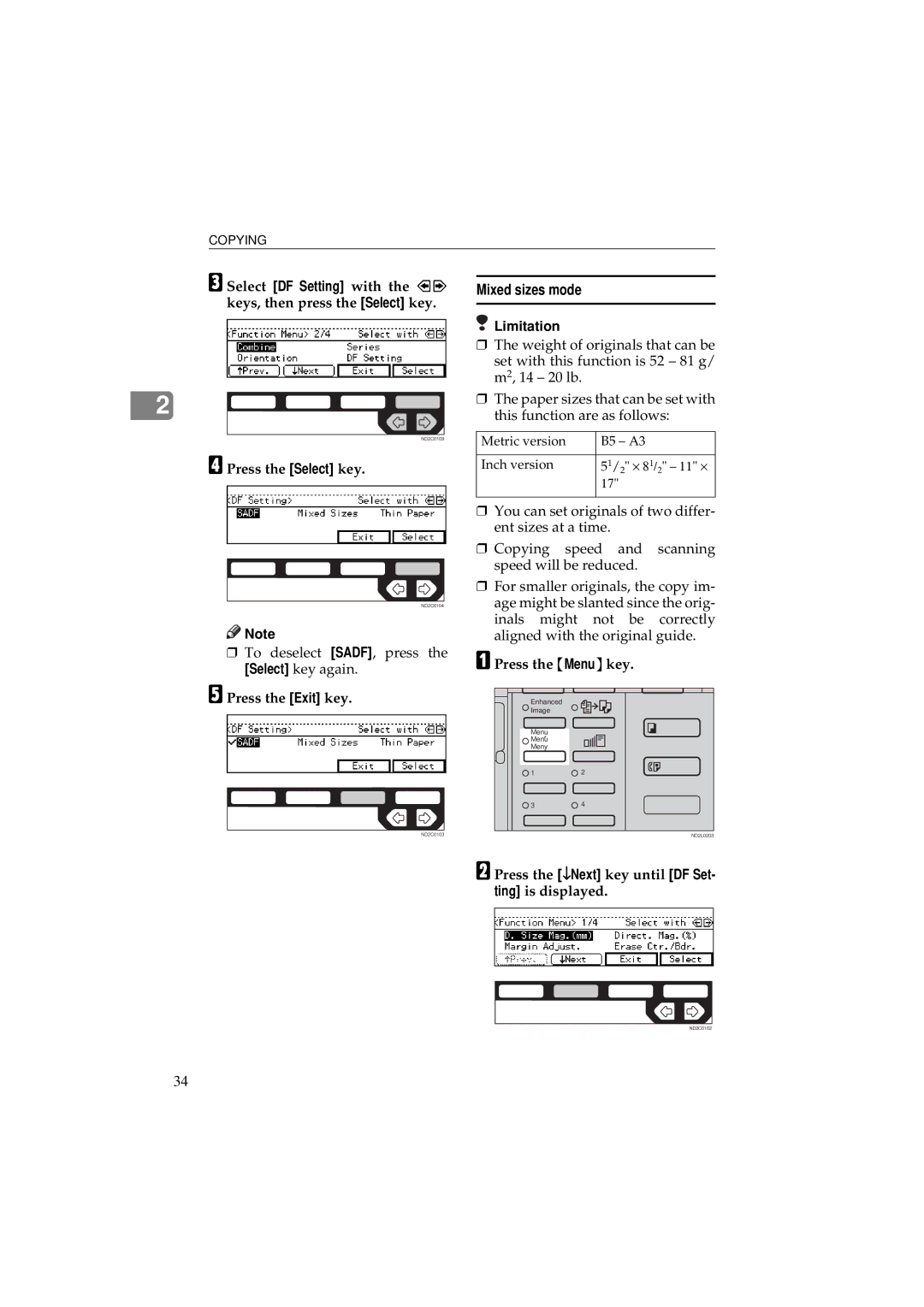 Ricoh 340 manual Mixed sizes mode, Select DF Setting with the keys, then press the Select key, Press the Select key 