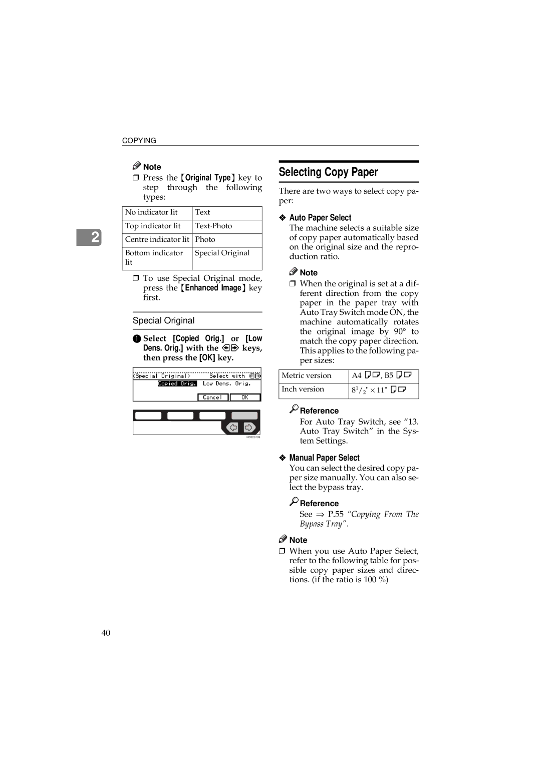 Ricoh 340 manual Selecting Copy Paper, Special Original, Auto Paper Select, Manual Paper Select 