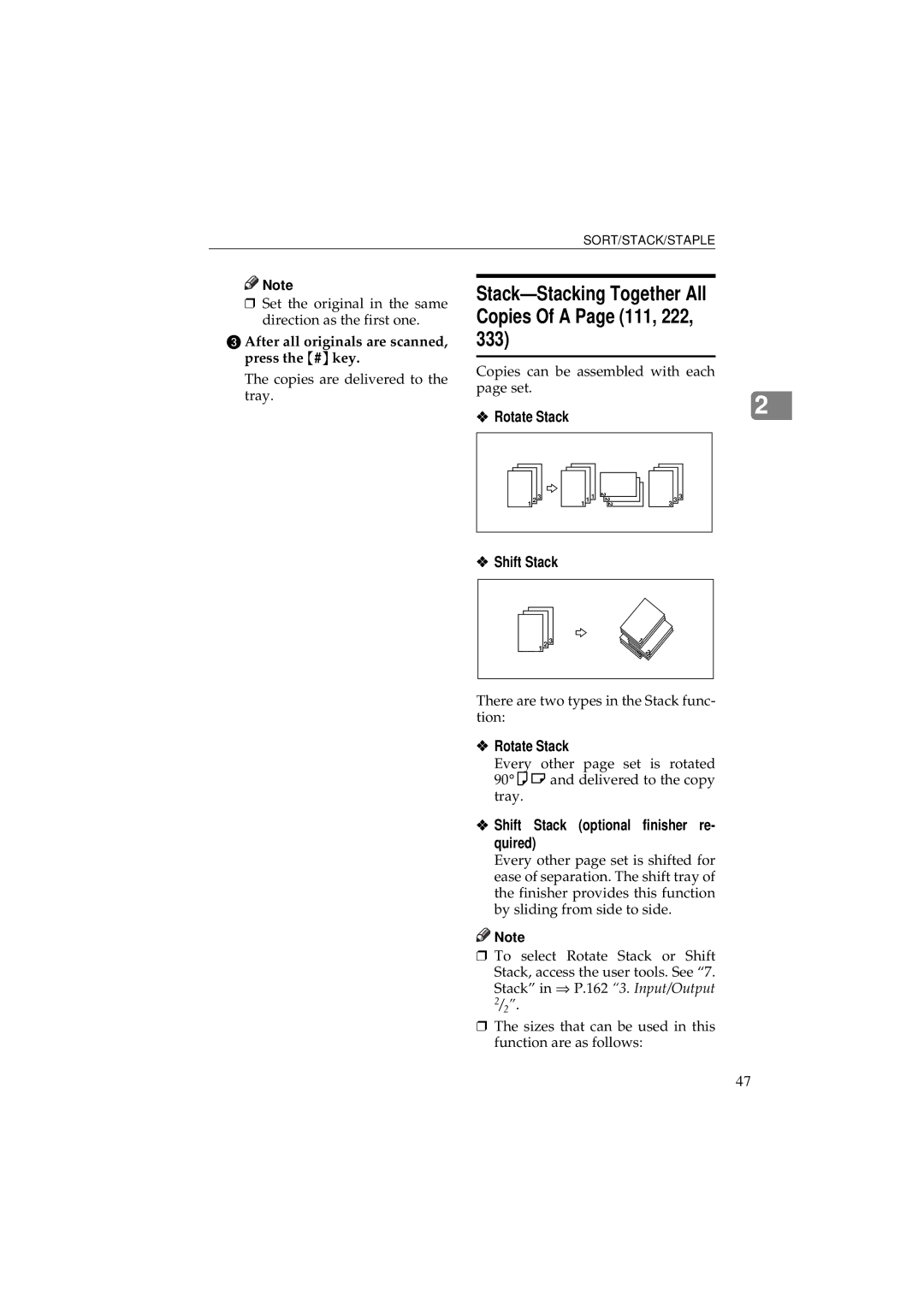 Ricoh 340 manual Stack-Stacking Together All Copies Of a Page 111, 222, Rotate Stack Shift Stack 