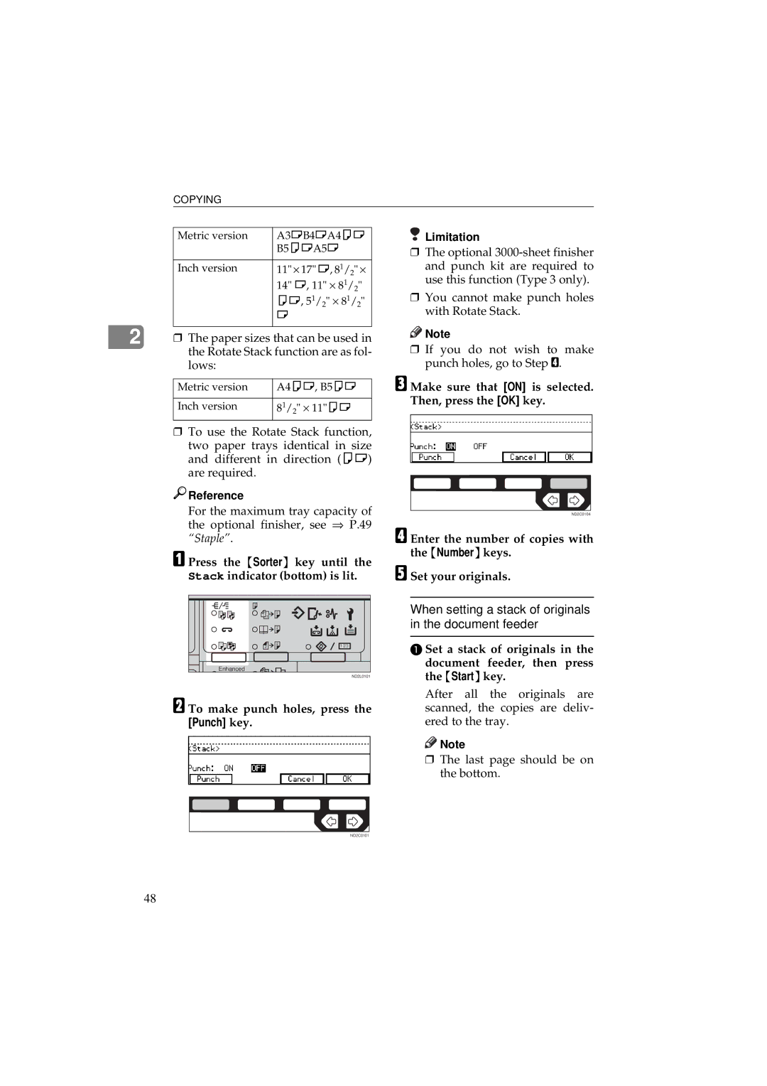 Ricoh 340 Make sure that on is selected, Then, press the OK key, Press the Sorter key until Stack indicator bottom is lit 