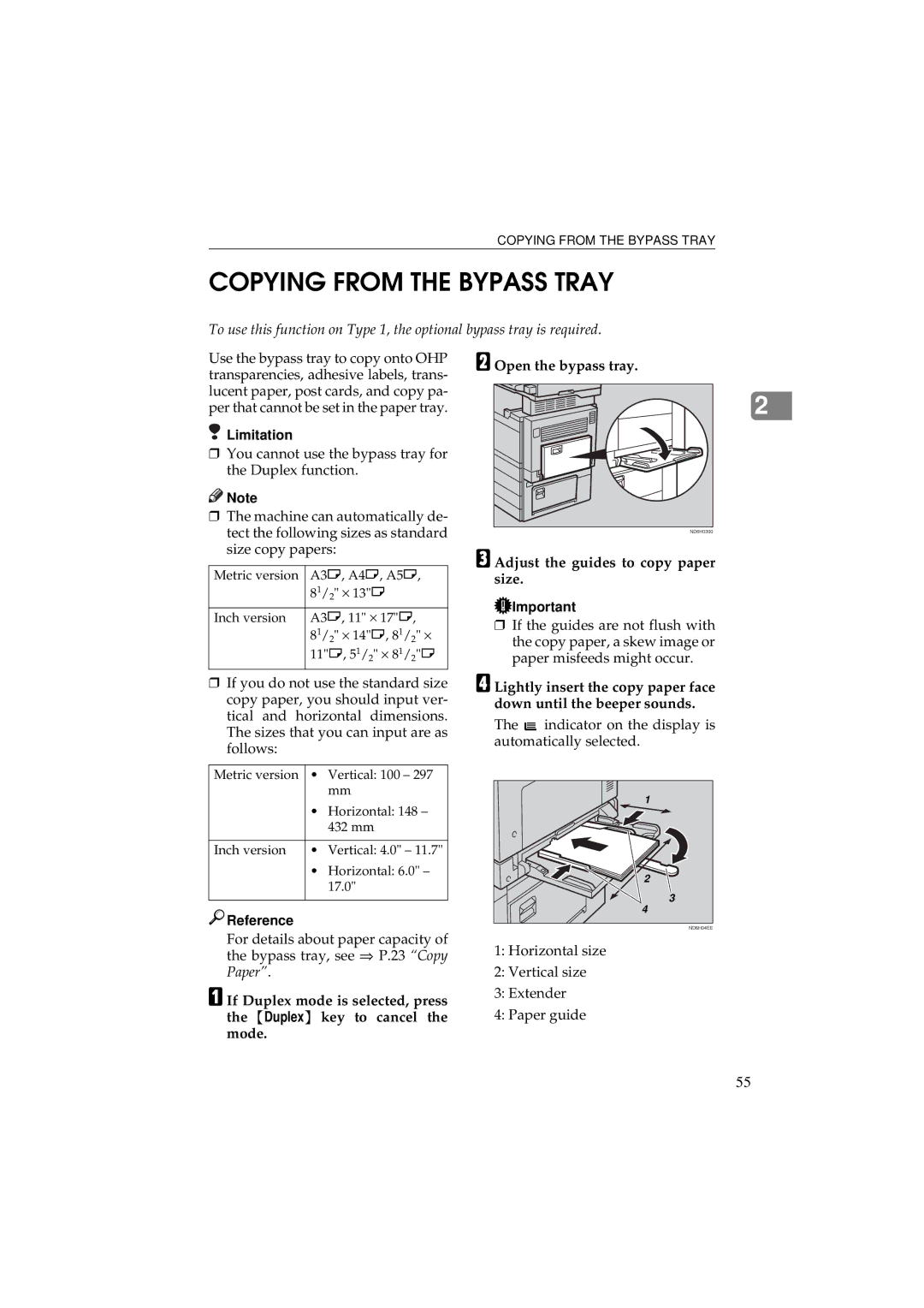 Ricoh 340 manual Copying from the Bypass Tray, Adjust the guides to copy paper size 