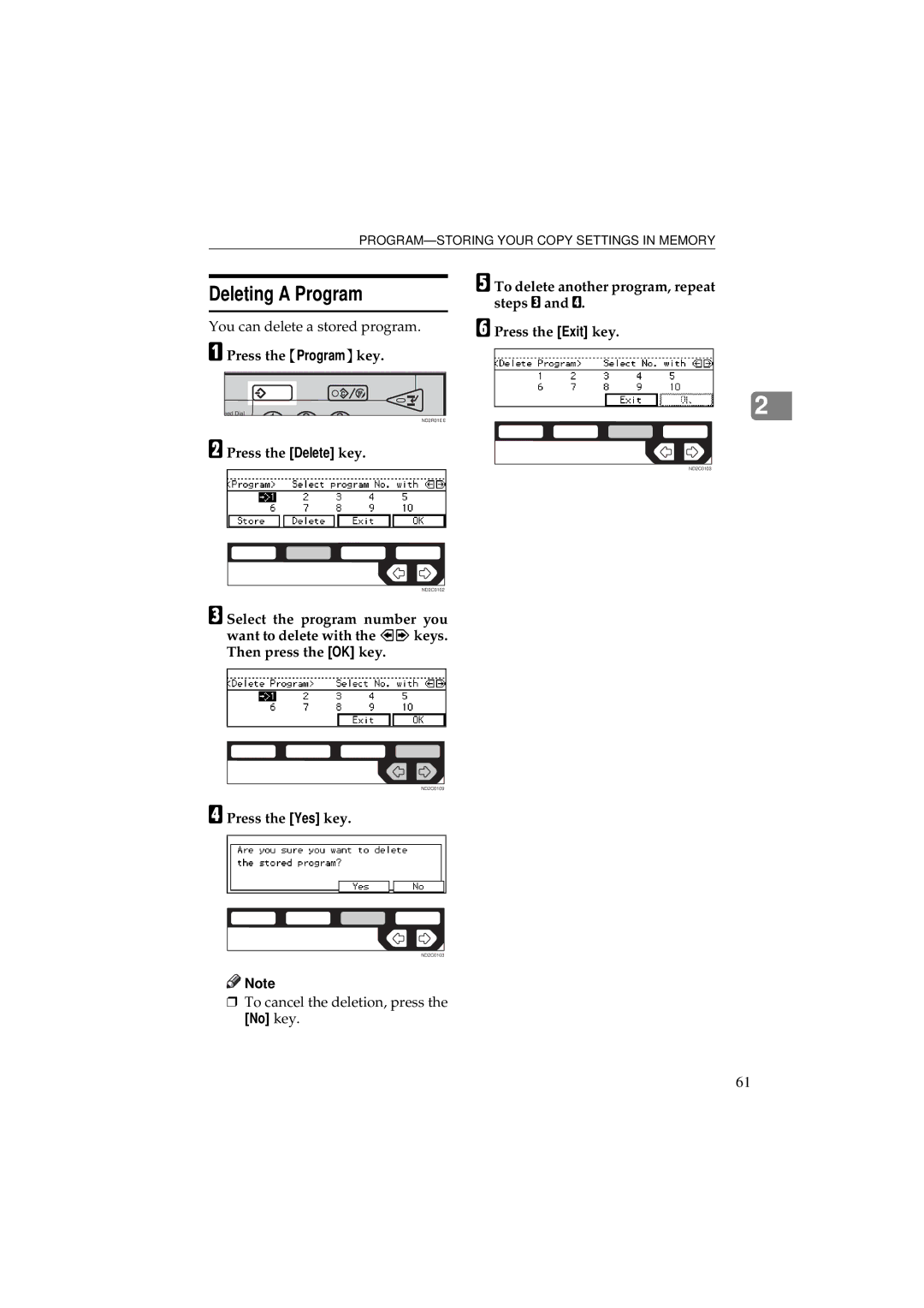 Ricoh 340 manual Deleting a Program, Press the Yes key 