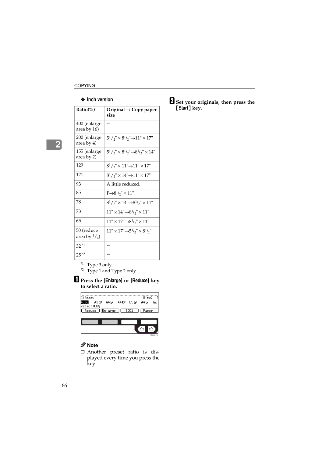 Ricoh 340 manual Press the Enlarge or Reduce key to select a ratio 