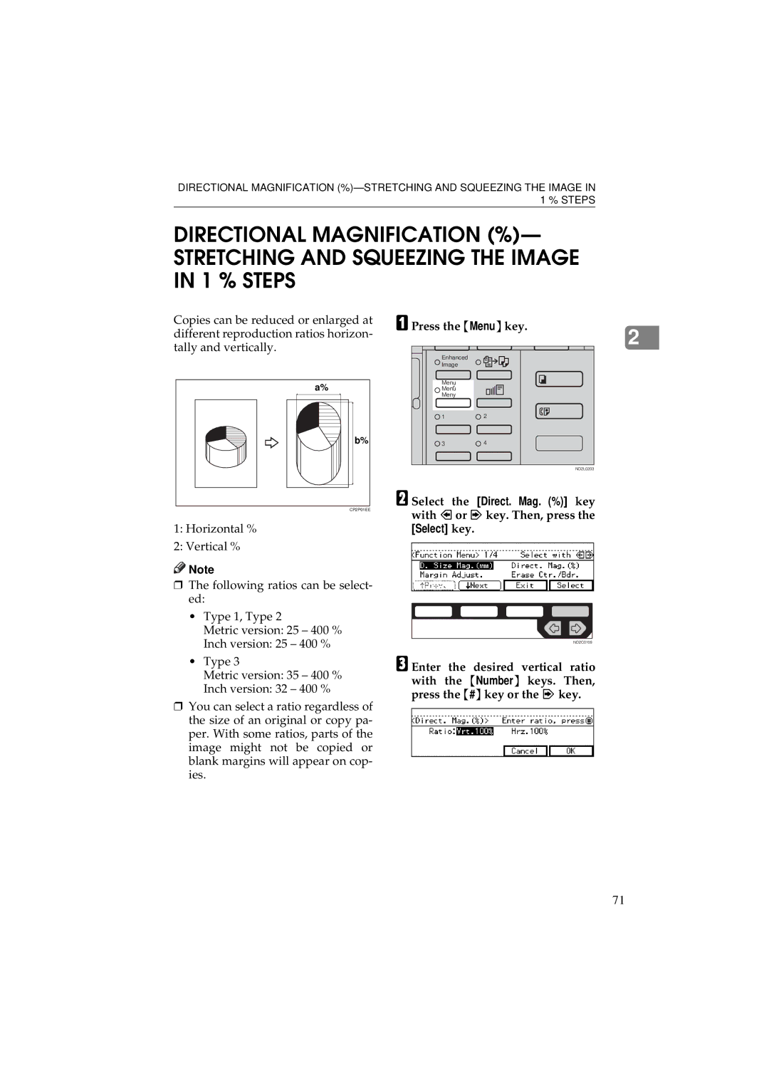 Ricoh 340 manual Select the Direct. Mag. % key with or key. Then, press, Horizontal % 