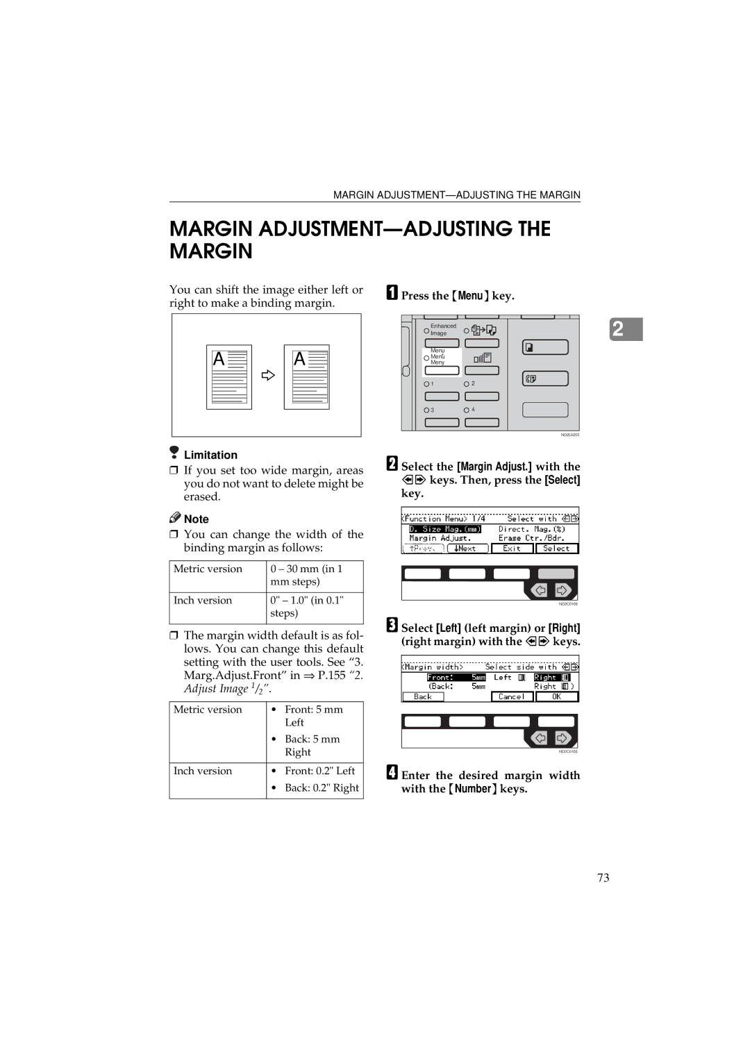 Ricoh 340 manual Margin ADJUSTMENT-ADJUSTING the Margin, Select Left left margin or Right right margin with the keys 