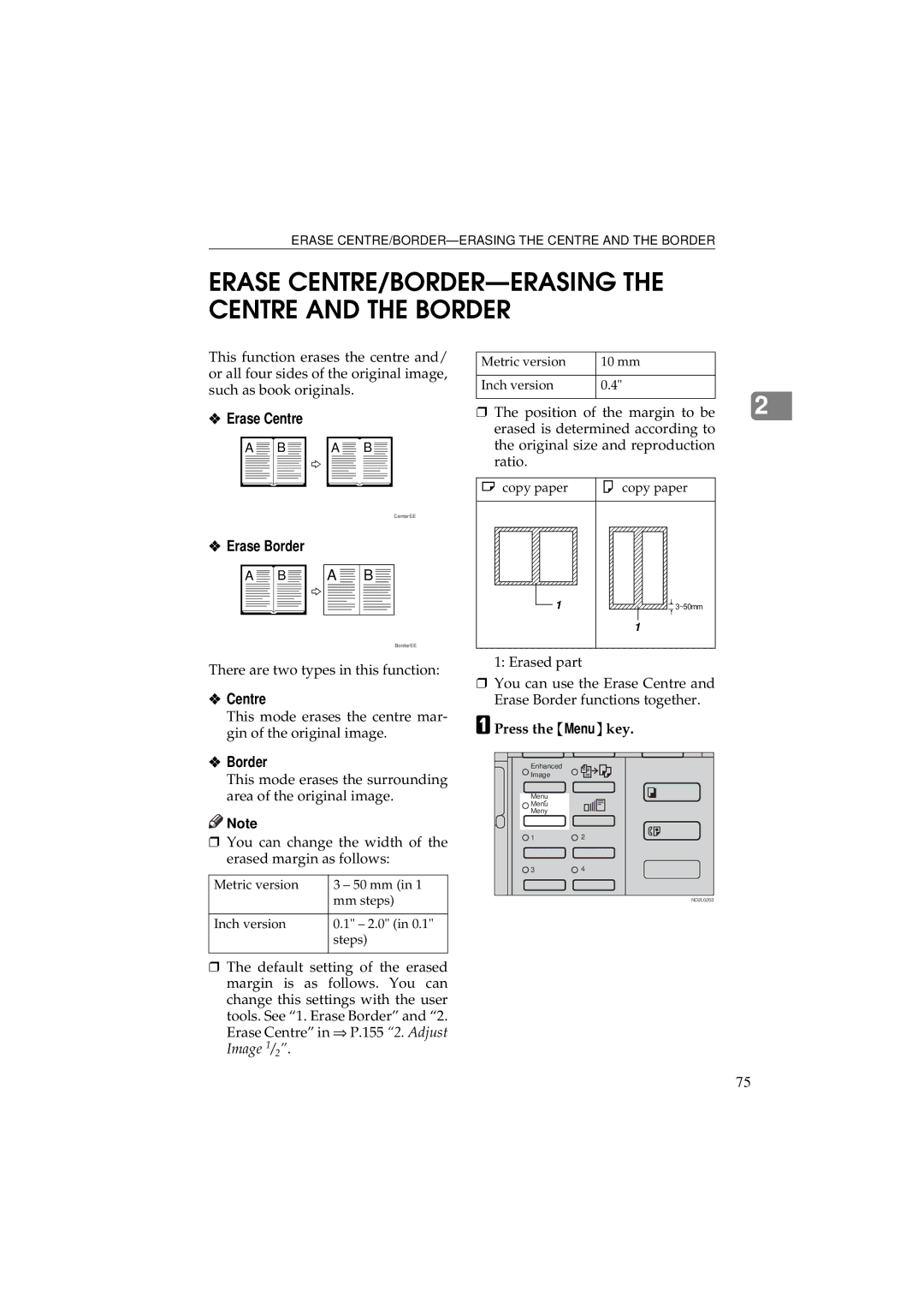 Ricoh 340 manual Erase CENTRE/BORDER-ERASING the Centre and the Border, Erase Centre, Erase Border 