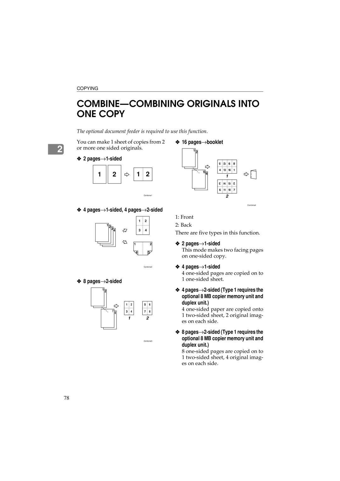 Ricoh 340 manual COMBINE-COMBINING Originals Into ONE Copy, Pages→1-sided, Pages→booklet, Duplex unit 