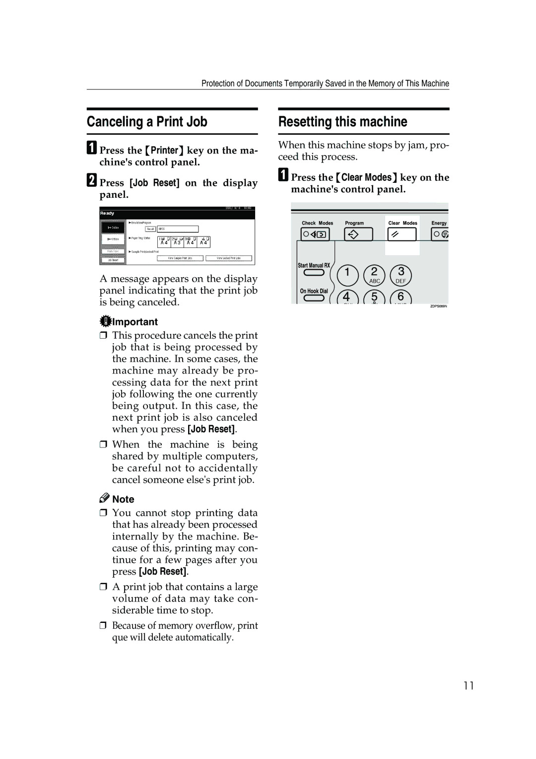Ricoh 450, 350 Canceling a Print Job, Resetting this machine, APress the Clear Modes key on the machines control panel 