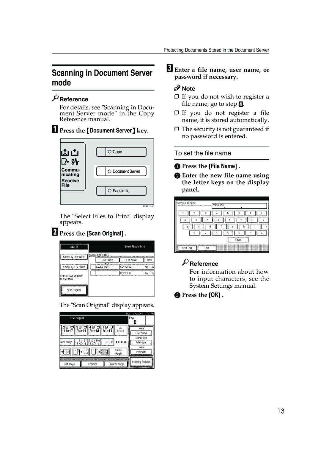 Ricoh 450 Scanning in Document Server mode, To set the file name, Press the File Name, BPress the Scan Original Reference 